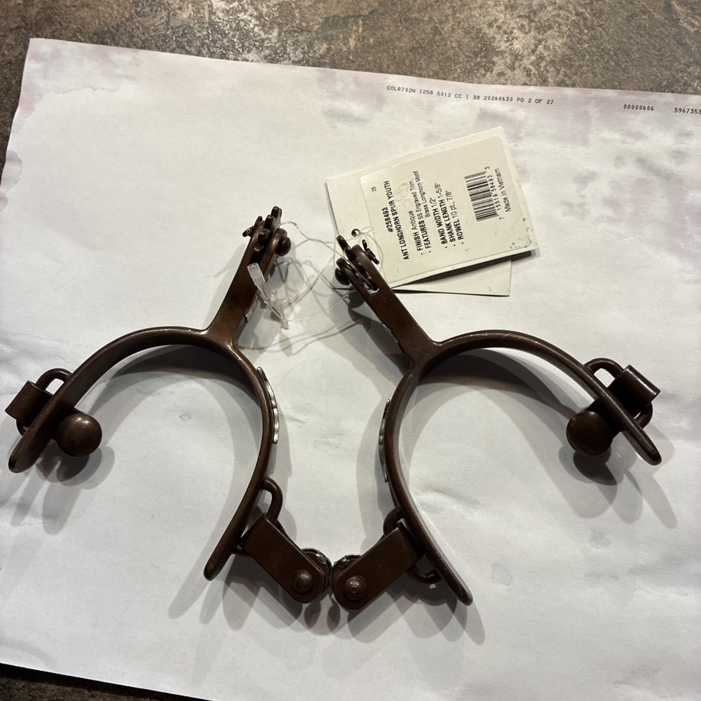 METALAB 258493 Spurs - Antique SS Engraved Trim Brass Longhorns  (Youth) NWT